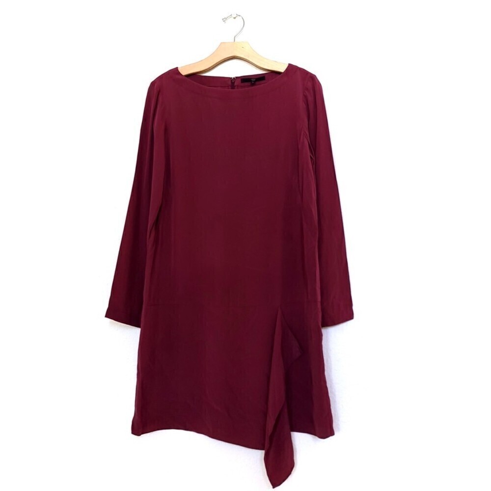 TIBI NY 100% Silk Long Sleeve Draped Front Shift Dress in Burgundy Red Minimal 6